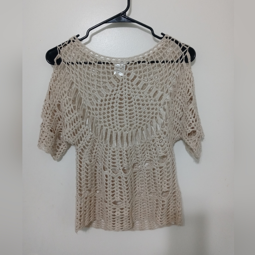 Soft Surroundings Beige Open Weave Short Sleeve Pullover Sheer Blouse XS